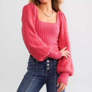 Free People Katie Cropped Sweater NWT Size Medium Pink Balloon Sleeve